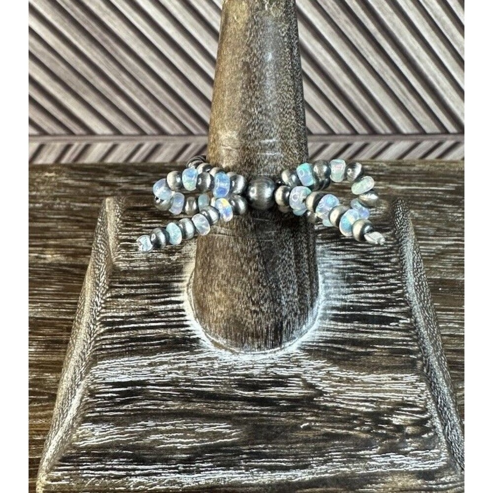 Native American Sterling Silver Fire Opal 3MM Navajo Pearl Bow Stretch Ring 6-10